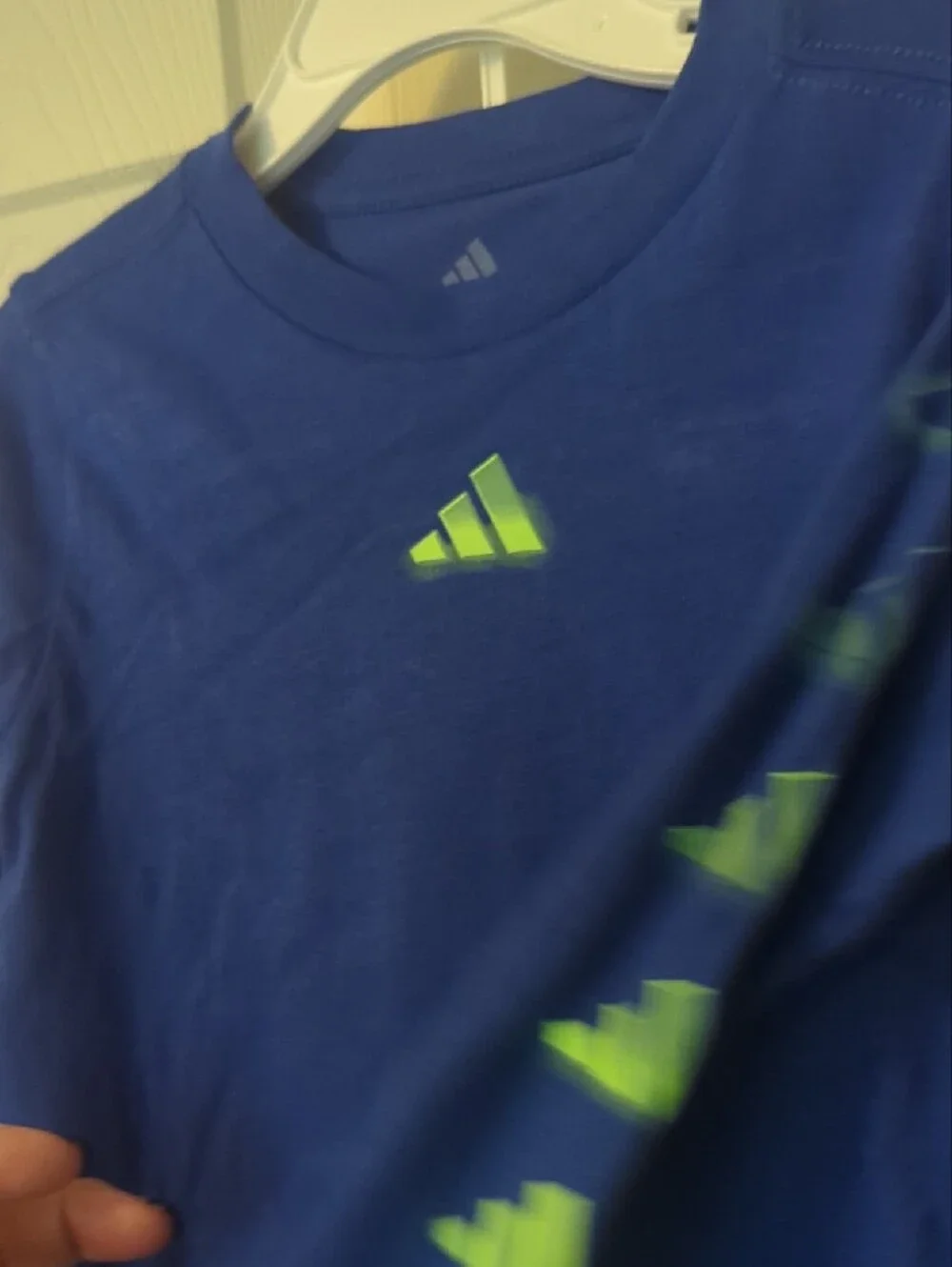 adidas Royal Blue Long-Sleeve Top with Neon Green Logo and Black Pants